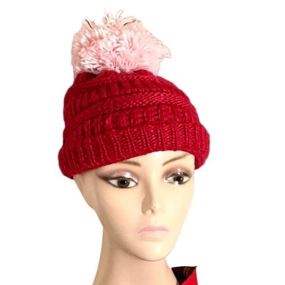 LA Hearts Red Knit Beanie Hat One Size with Pink Pom Pom PacSun Cozycore - Picture 4 of 7